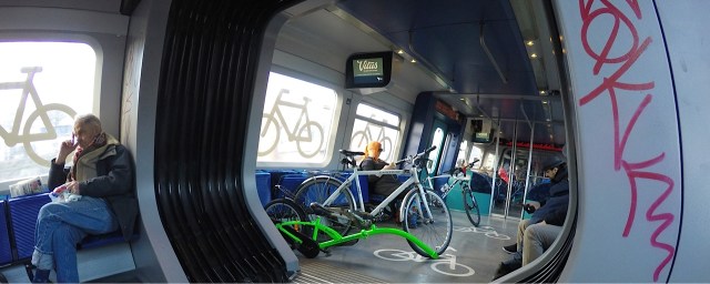 And inside the train, the bicycles are parked securely in racks.