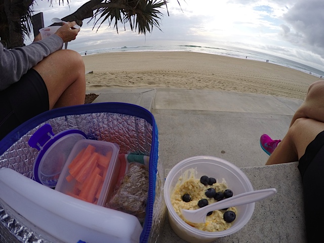 Picnic breakfast by bicycle... with a beach view.