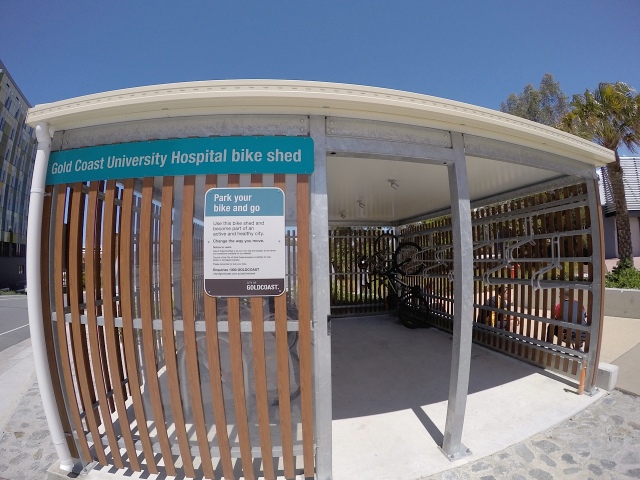 For visitors to the campus, this Gold Coast City Council bike shed provides undercover racks.